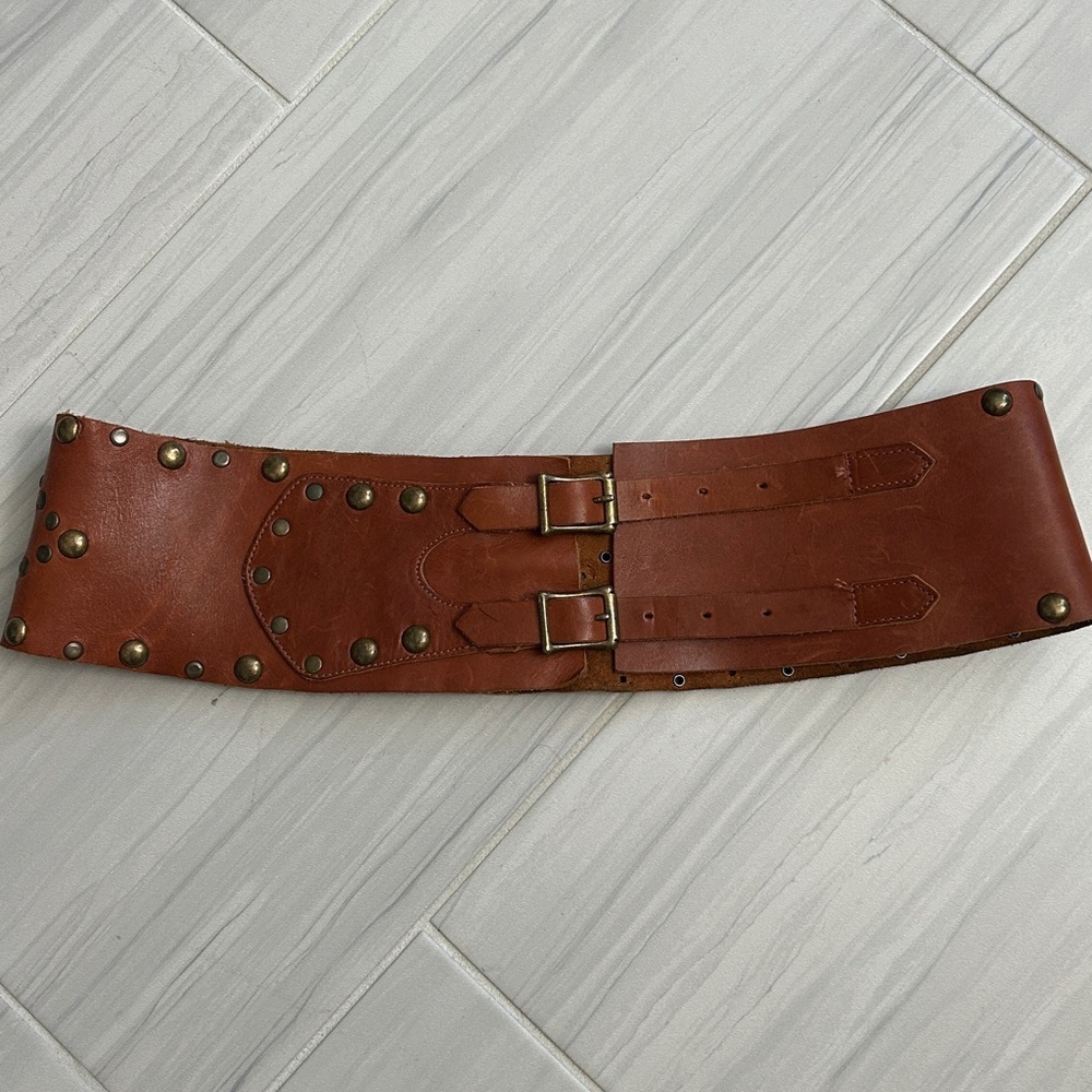 Arden B Brown Leather Belt with Gold Studs - Picture 16 of 16